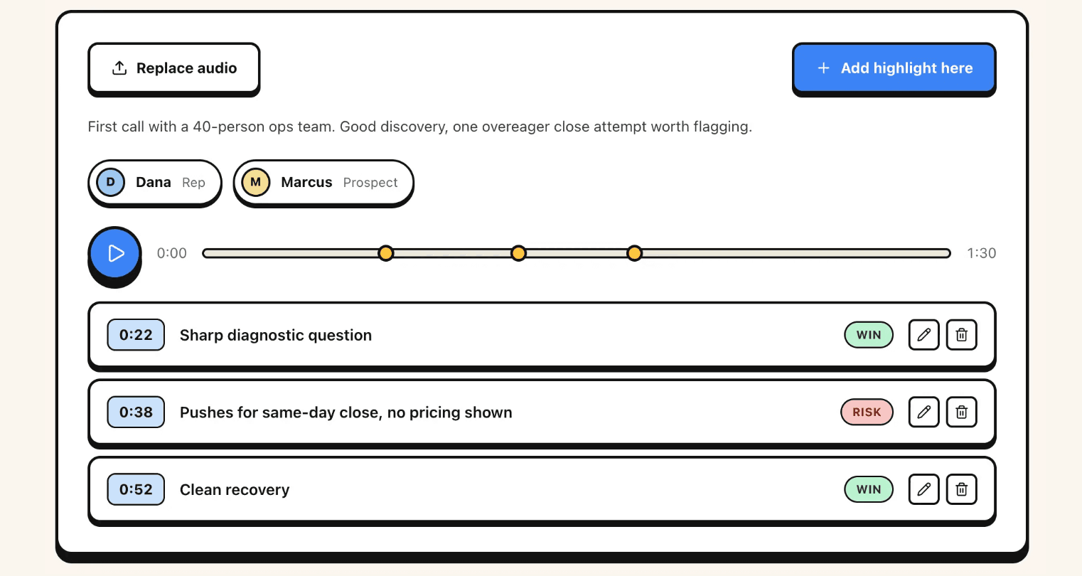 A call recording with timestamped highlights tagged Win and Risk on the timeline